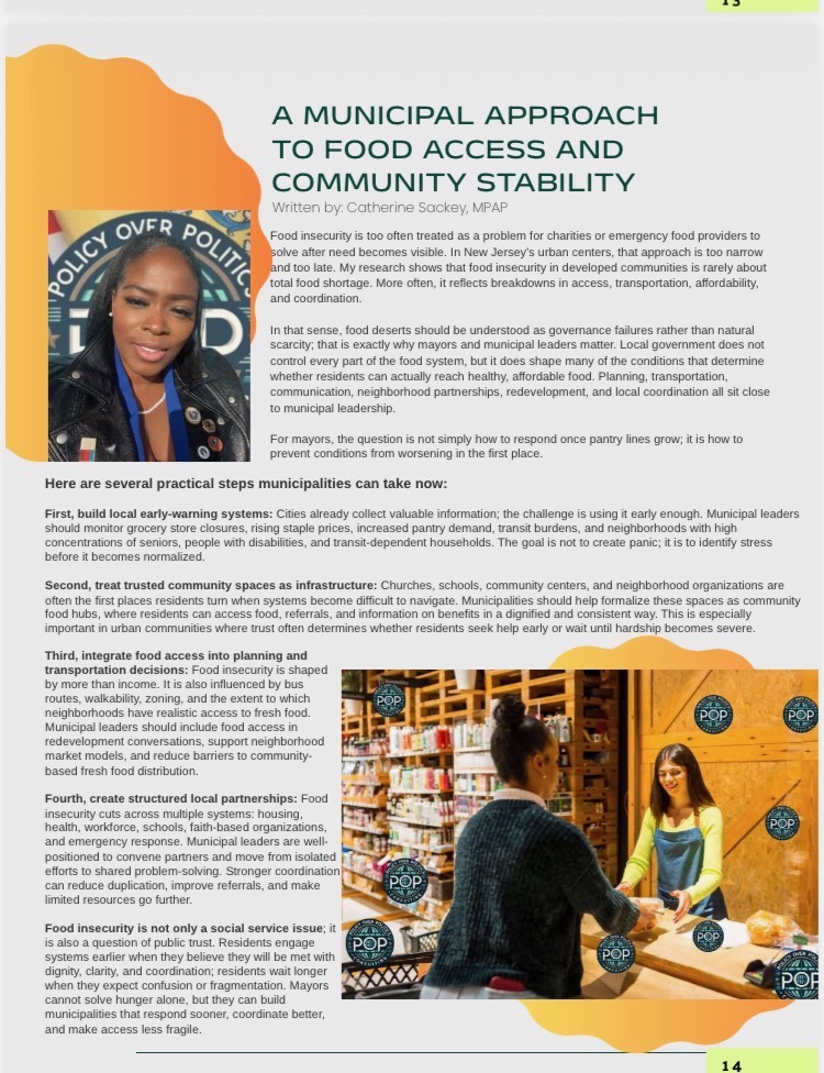 Printed magazine page of “A Municipal Approach to Food Access and Community Stability” by Catherine Sackey, MPAP, featuring a portrait of the author and a photo of a neighborhood grocery market.